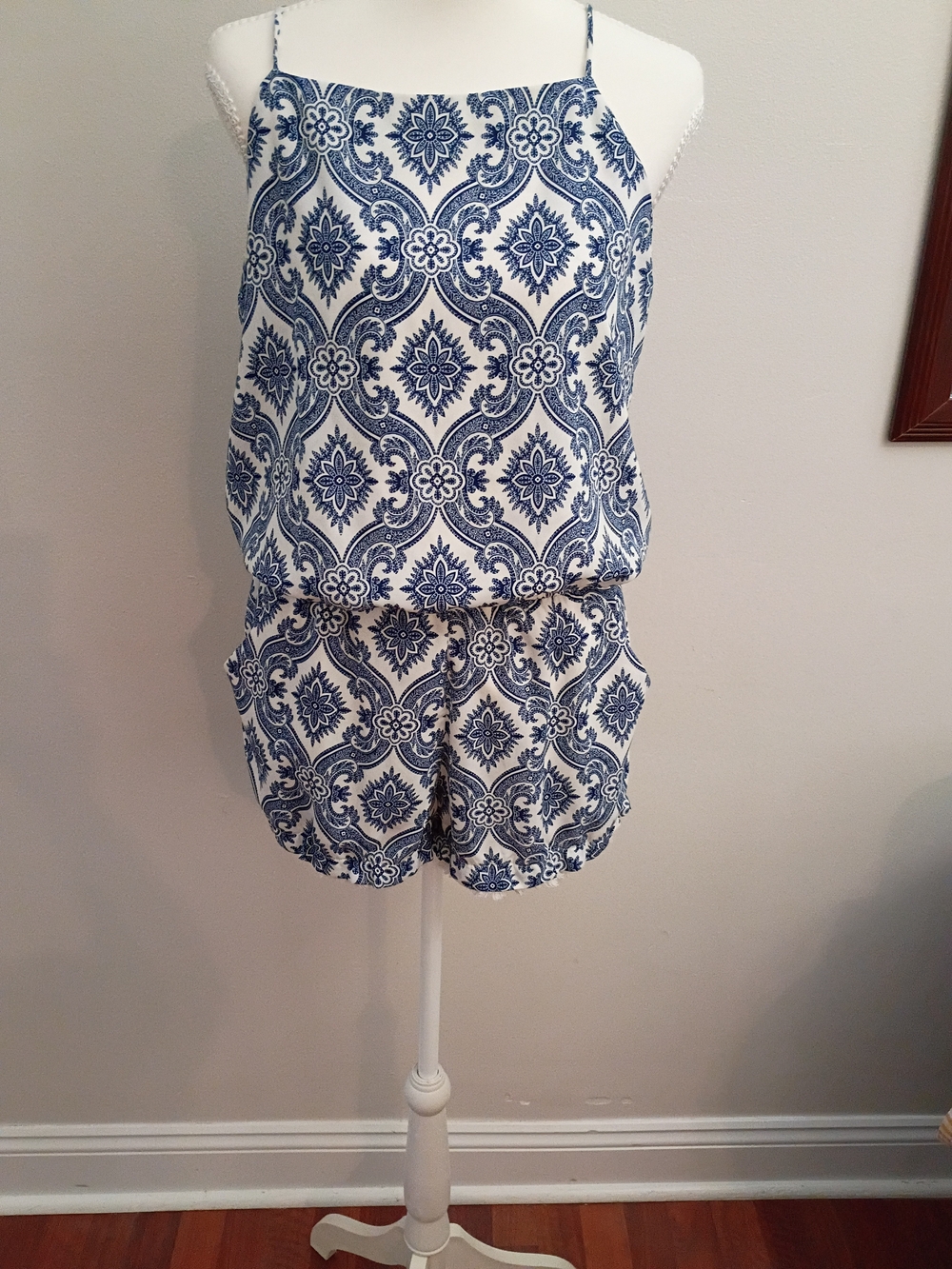 Blue & White Patterned Spaghetti-Strap Romper